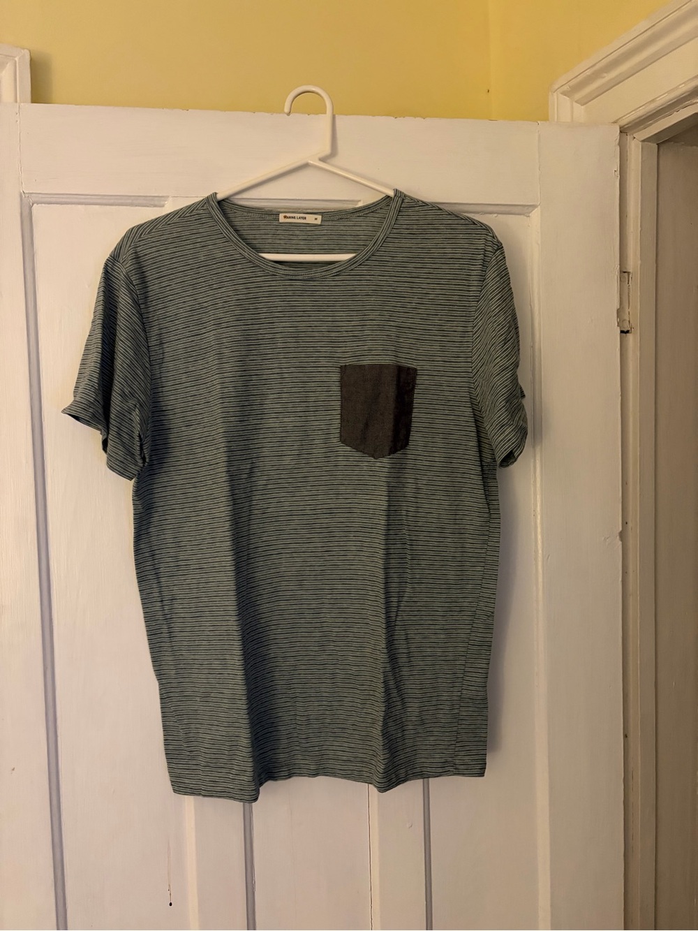 Marine Layer Men's Thin-Striped Turquoise Crewneck Tee with Contrast Pocket